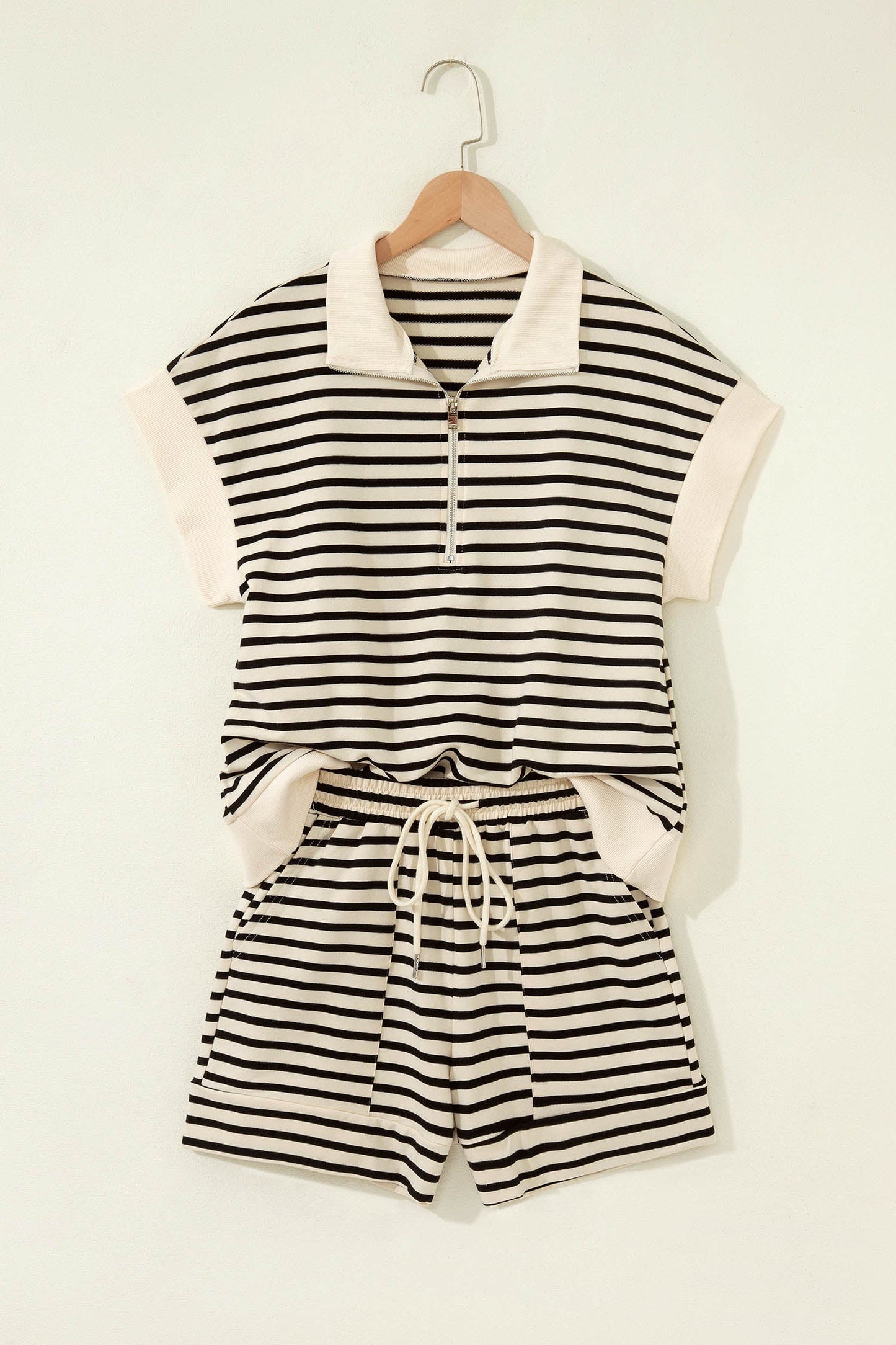 Black Stripe Ribbed Color Block Trim Zip Polo Tee Drawstring Shorts 2pcs Outfit