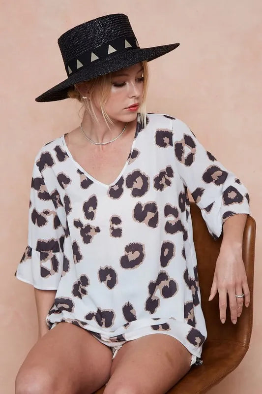 Leopard Printed V Neck Woven Top with Ruffled