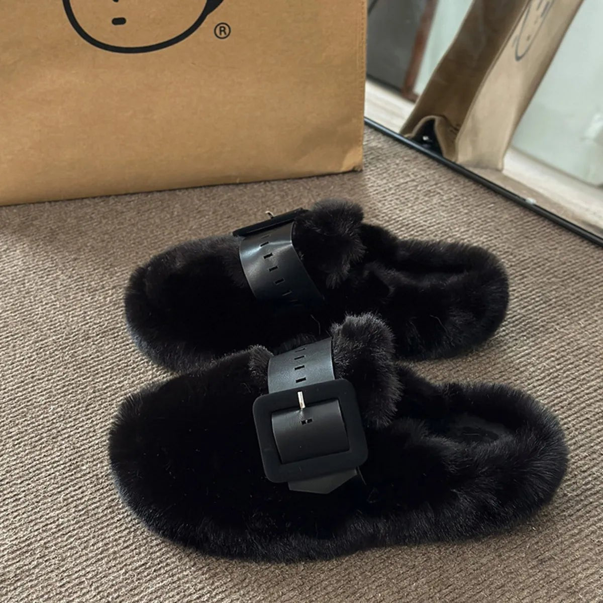 Faux Fur Buckle Slippers - Loving It Shop