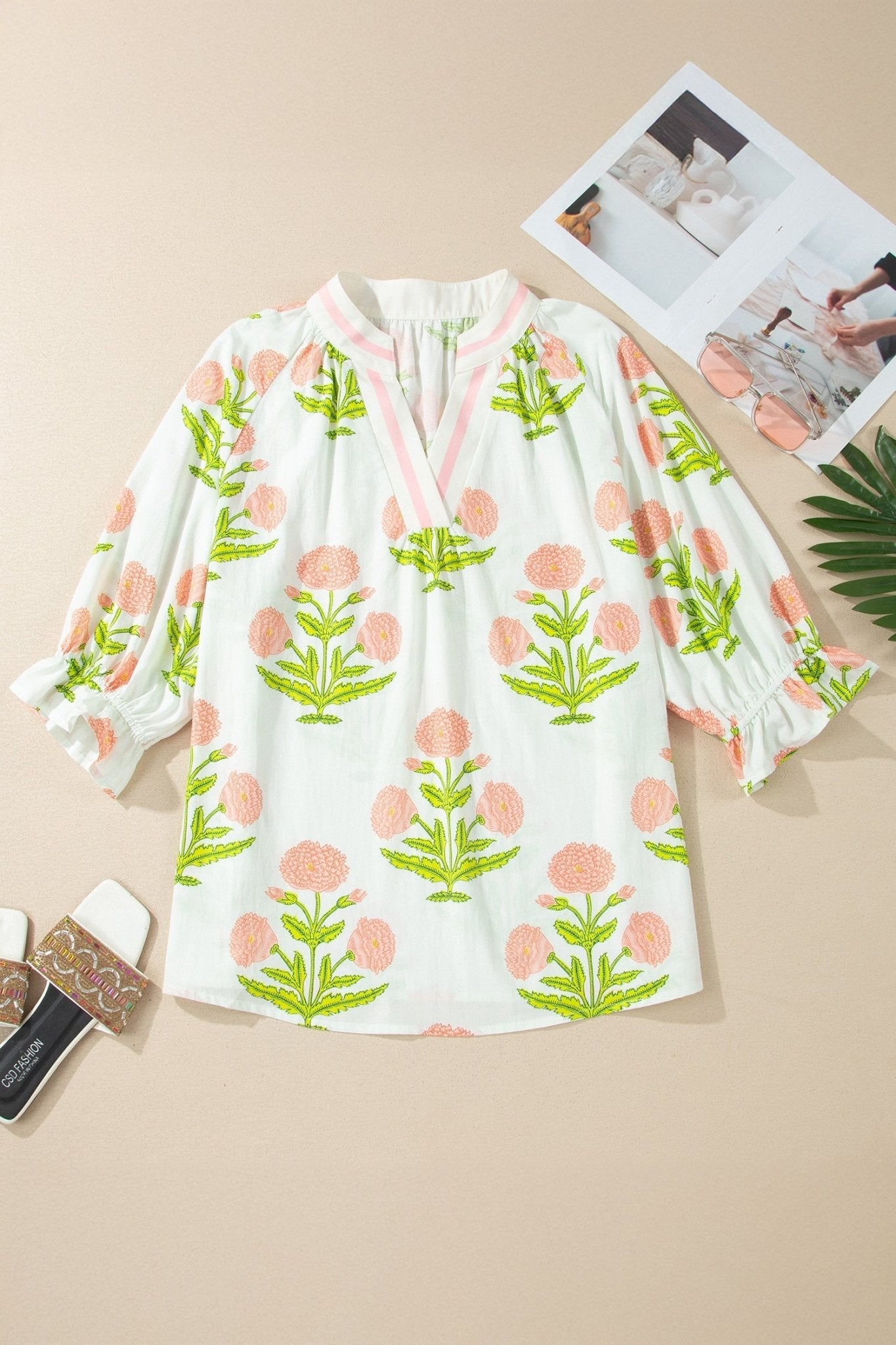 Pink Plus Size Floral Print Striped Trim V Neck Blouse - Loving It Shop