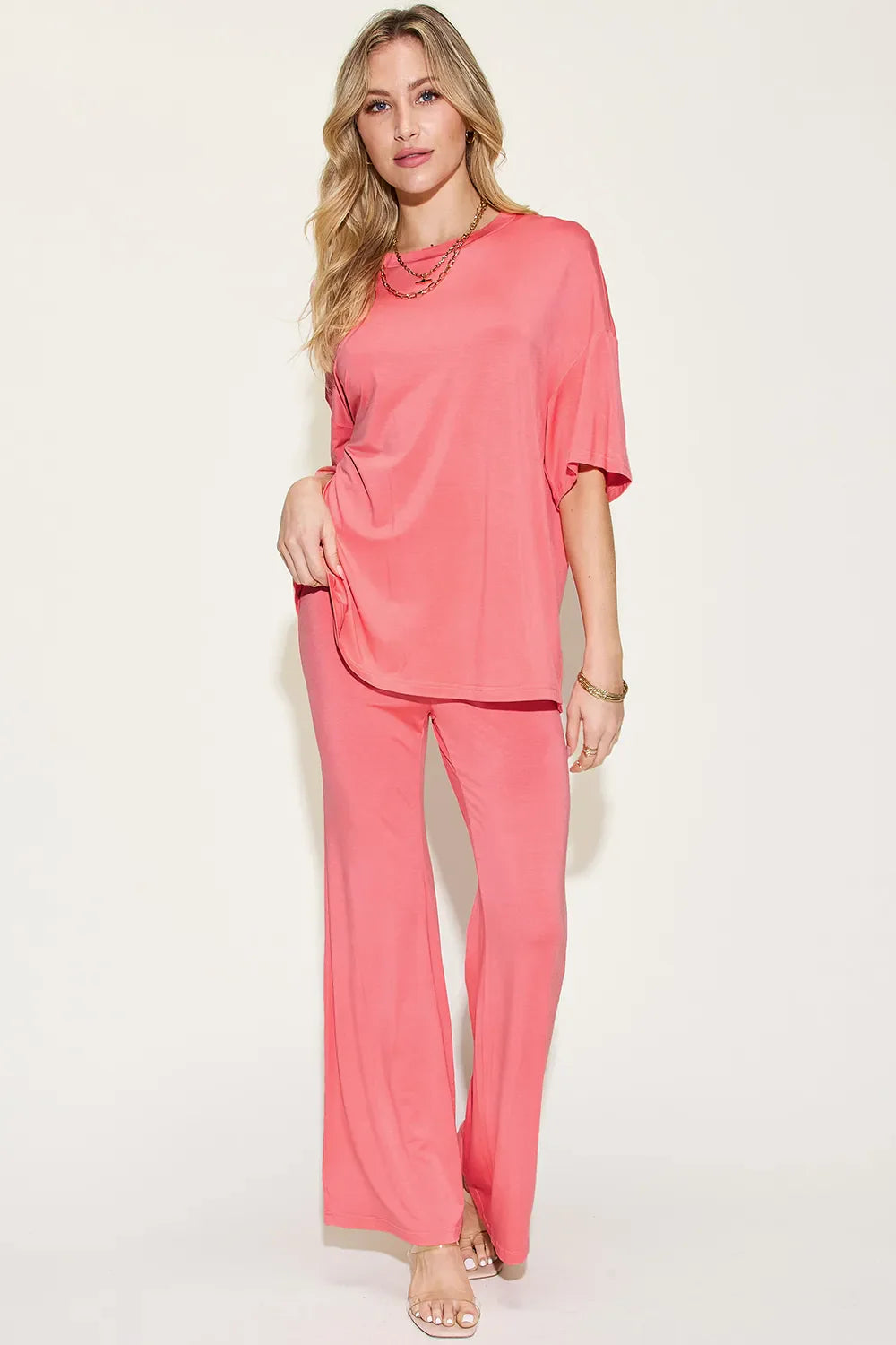 Full Size Bamboo Drop Shoulder T-Shirt and Flare Pants Set