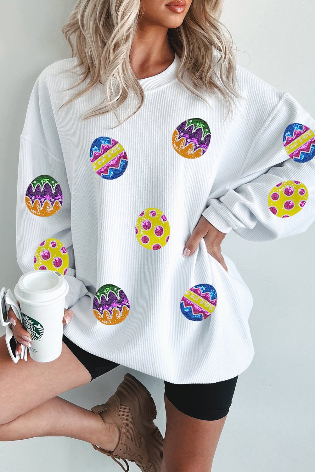 White Easter Egg Corded Oversized Sweatshirt - Loving It Shop