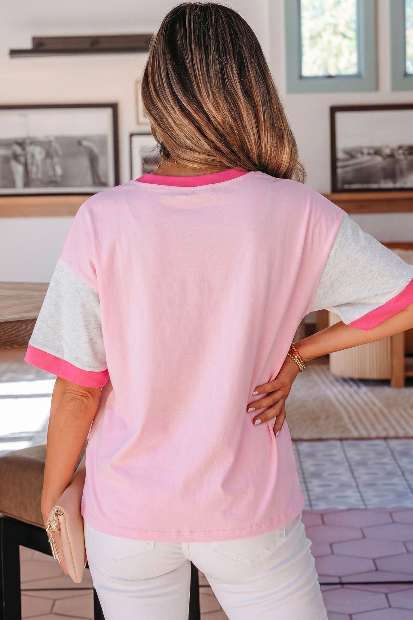 Gossamer Pink Embroidered Bow Detail Color Block Loose Tee - Loving It Shop