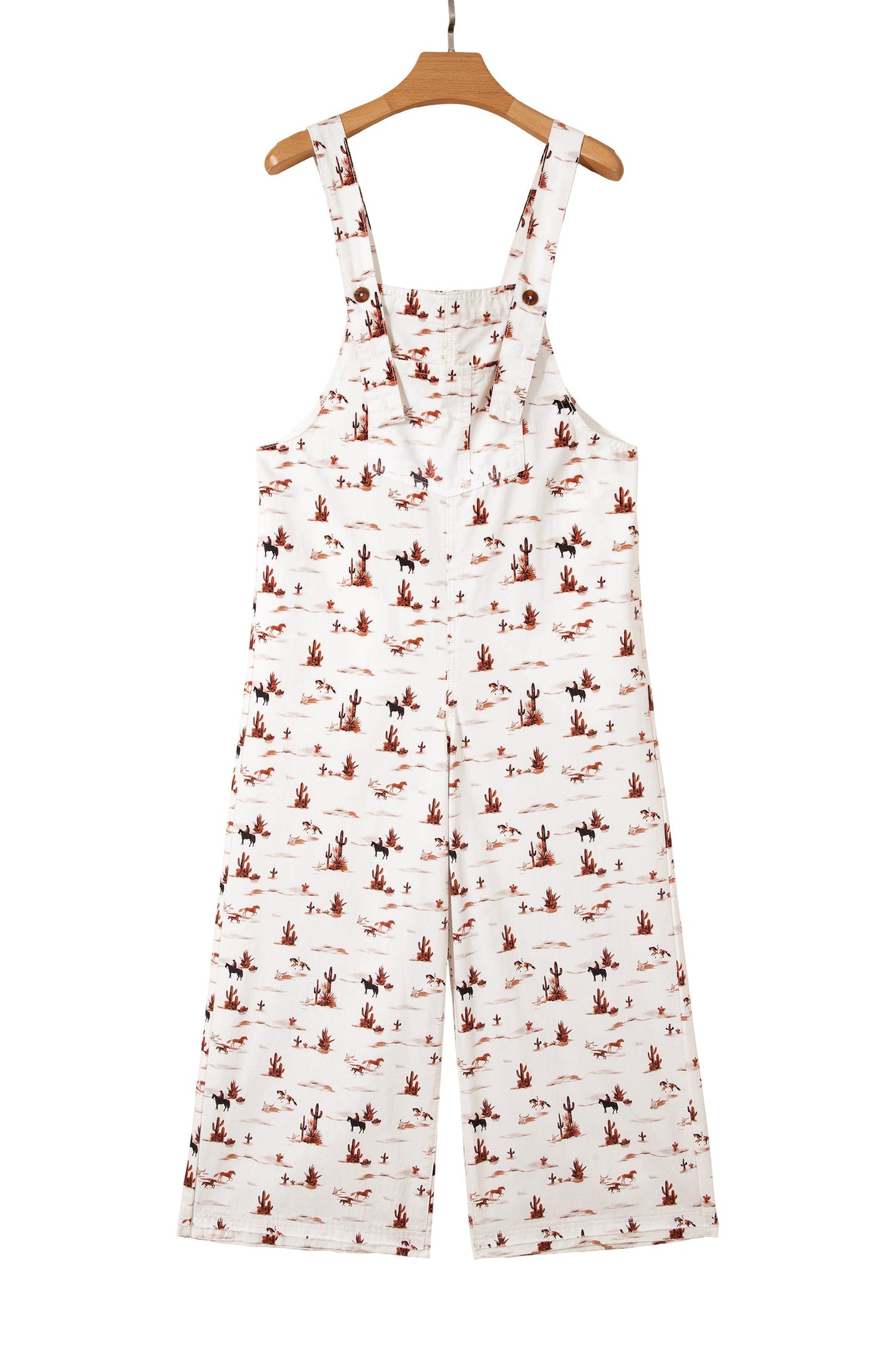 Beige Western Printed Button Adjustable Straps Loose Jumpsuit Dungarees