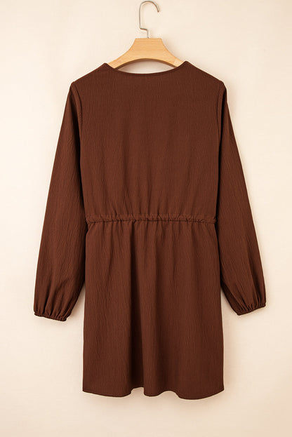 Burgundy Floral Embroidered Tassel Tie Waist Long Sleeve Mini Dress