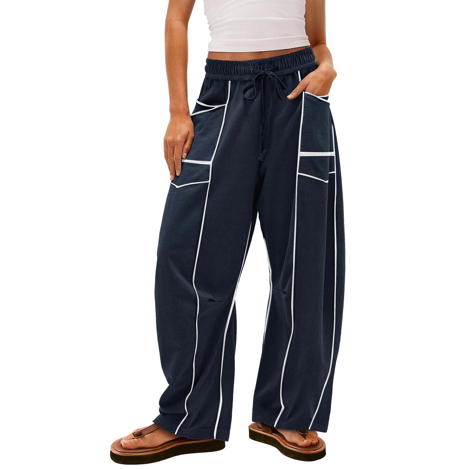 Y2K Black Striped Wide-leg Pants With Pockets Fashion Loose Drawstring Trousers Sports Sweatpants Women&