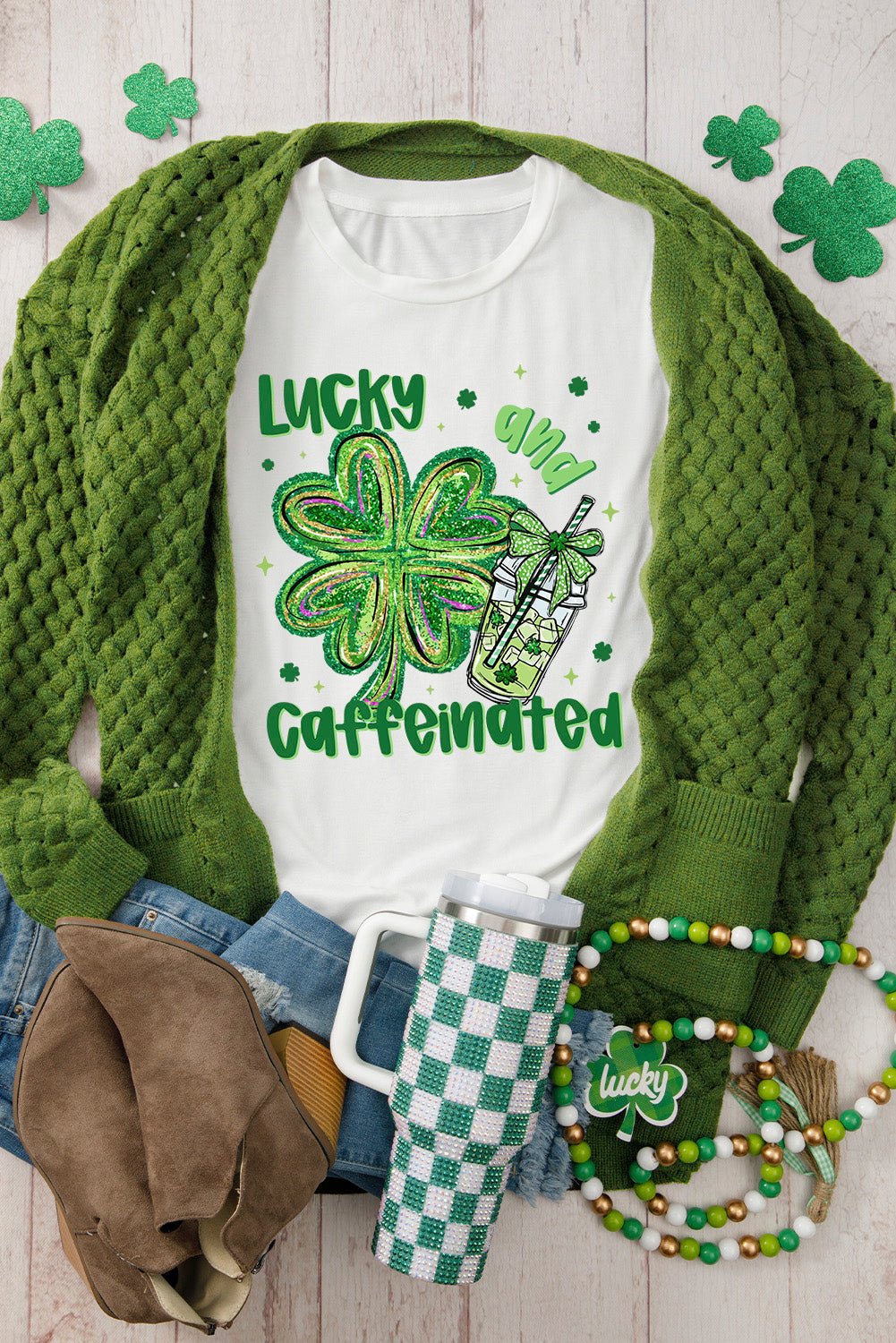 White Lucky and Caffeinated Clover Graphic St Patrick Tee - Loving It Shop