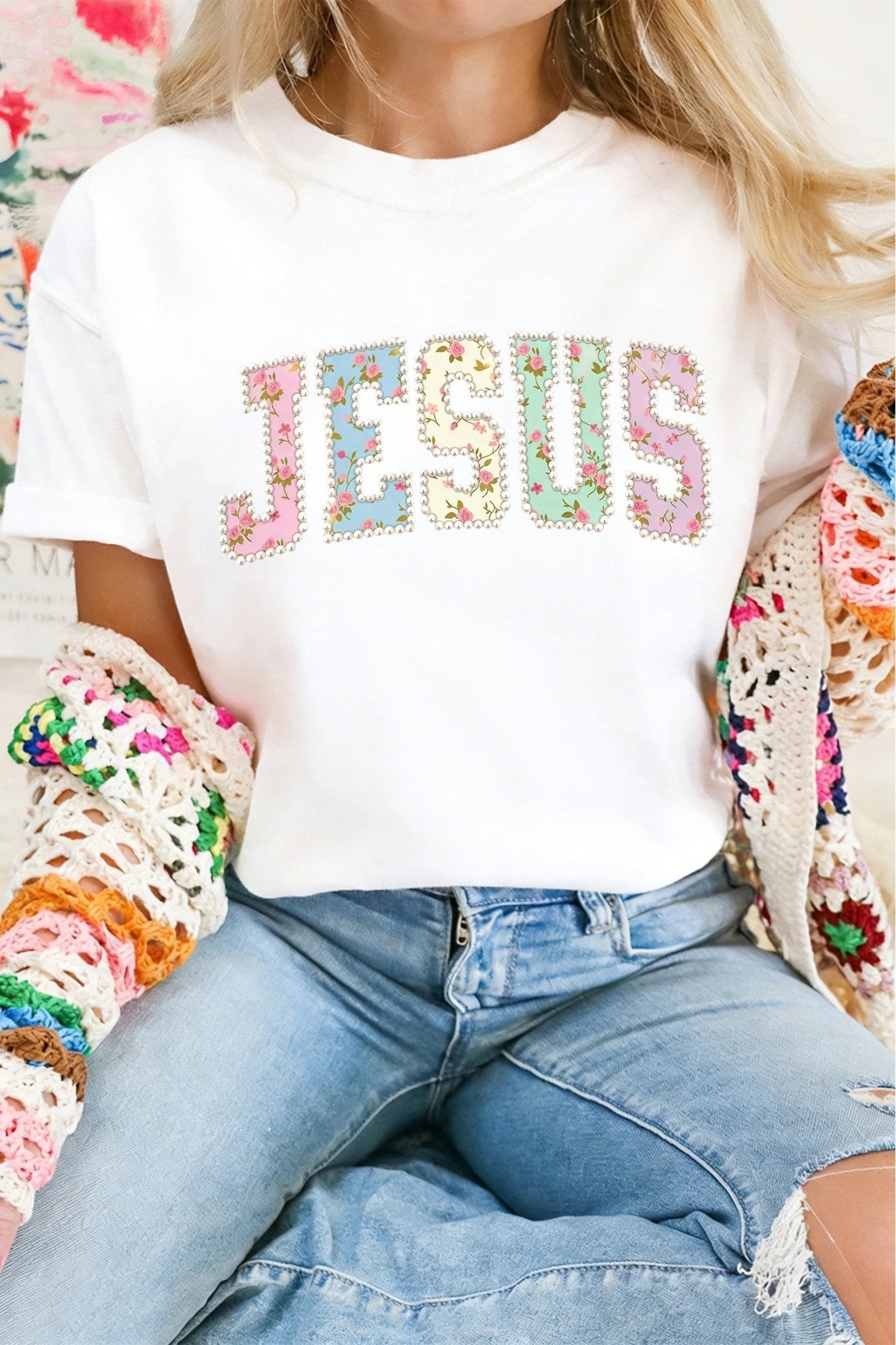 White JESUS Floral Pearl Printed Letter Graphic Tee - Loving It Shop