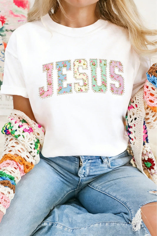 White JESUS Floral Pearl Printed Letter Graphic Tee - Loving It Shop