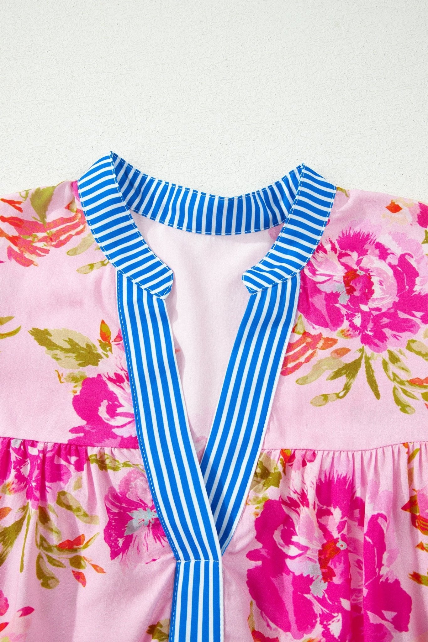 Multicolour Floral Half Sleeve Striped Trim V Neck Blouse - Loving It Shop