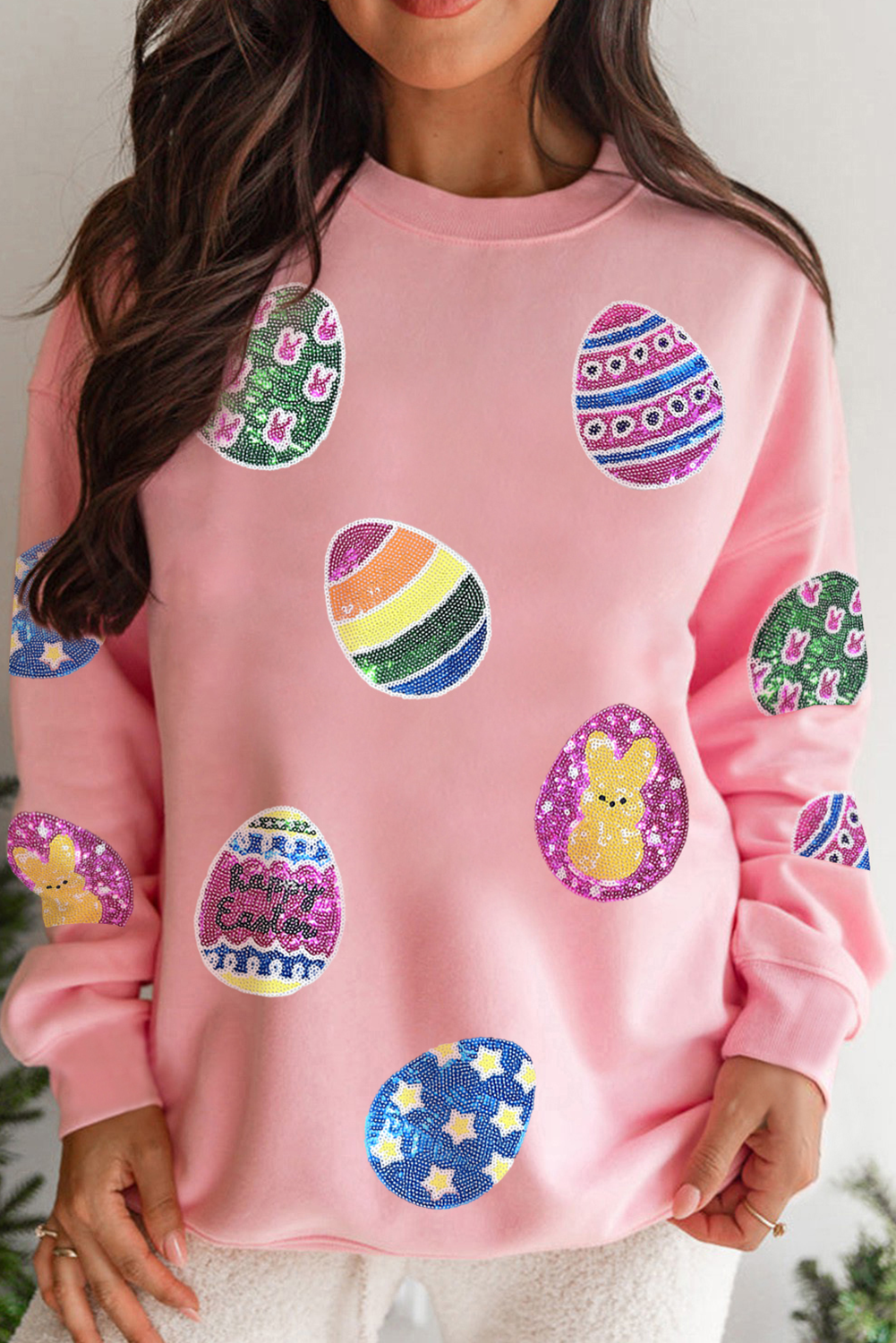 Pink Sequined Easter Egg Patched Pullover Sweatshirt - Loving It Shop