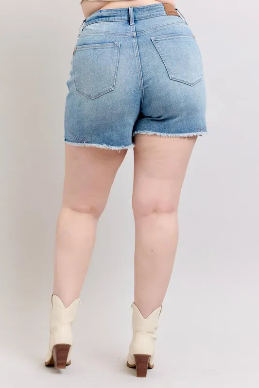 Full Size High Waist Western Embroidery Detail Cut Off Denim Shorts Plus Size