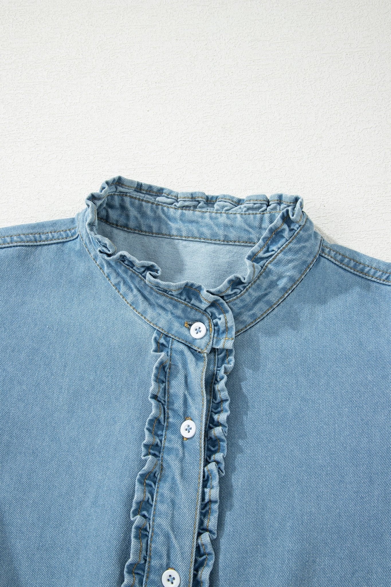 Myosotis Frilled Detail Button Down Ruffle Short Sleeve Denim Mini Dress - Loving It Shop