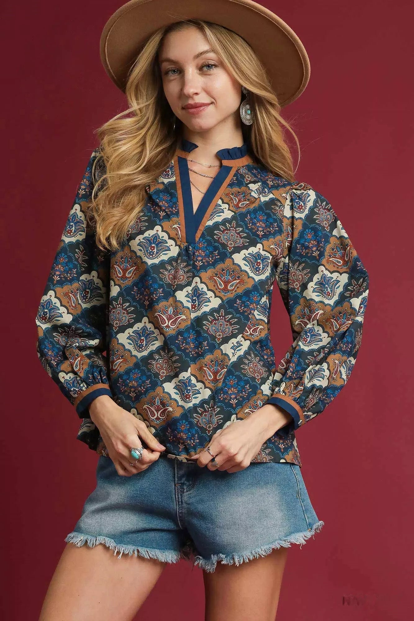 Abstract Print Ruffle Neck Top