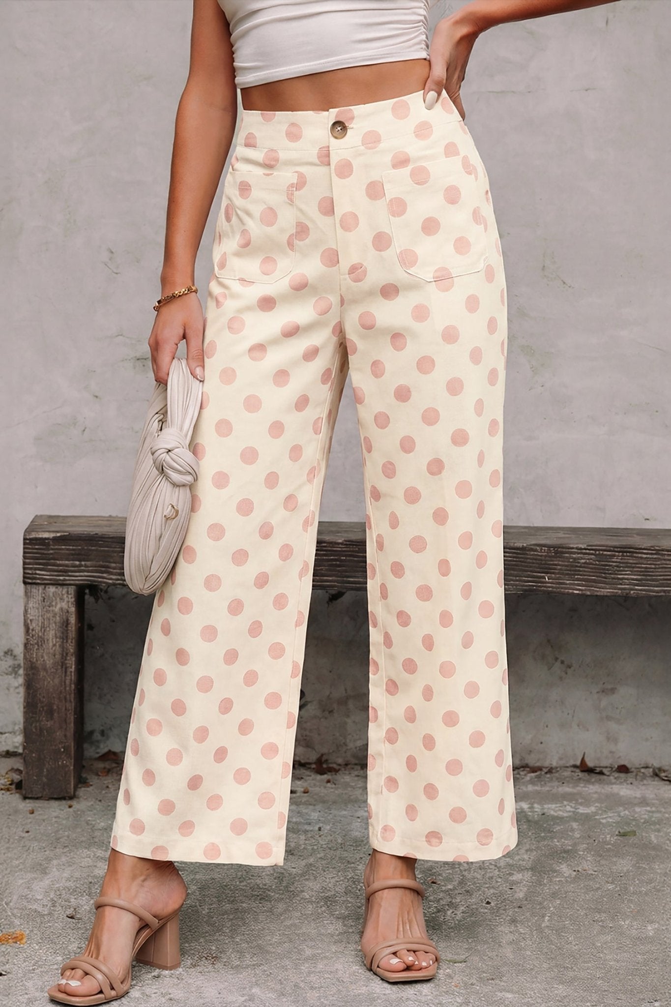 White Polka Dot Print Patched Pocket Loose Pants - Loving It Shop