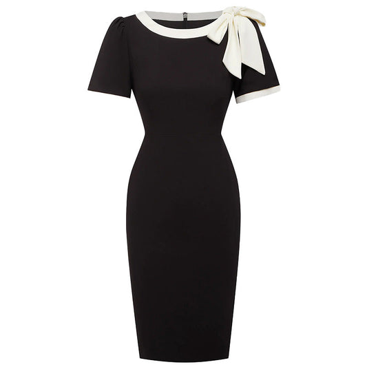 Women Crew Neck Short Sleeve Bow Color-Block Slim Fit Dress