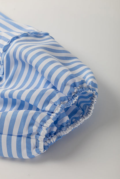 Sky Blue Stripe Shirt Collar V Neck Ricrac Trim 3/4 Puff Sleeve Blouse