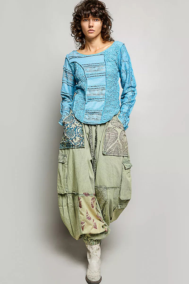 Round Neck Long Sleeve Exposed Seam Top with Lace Detail