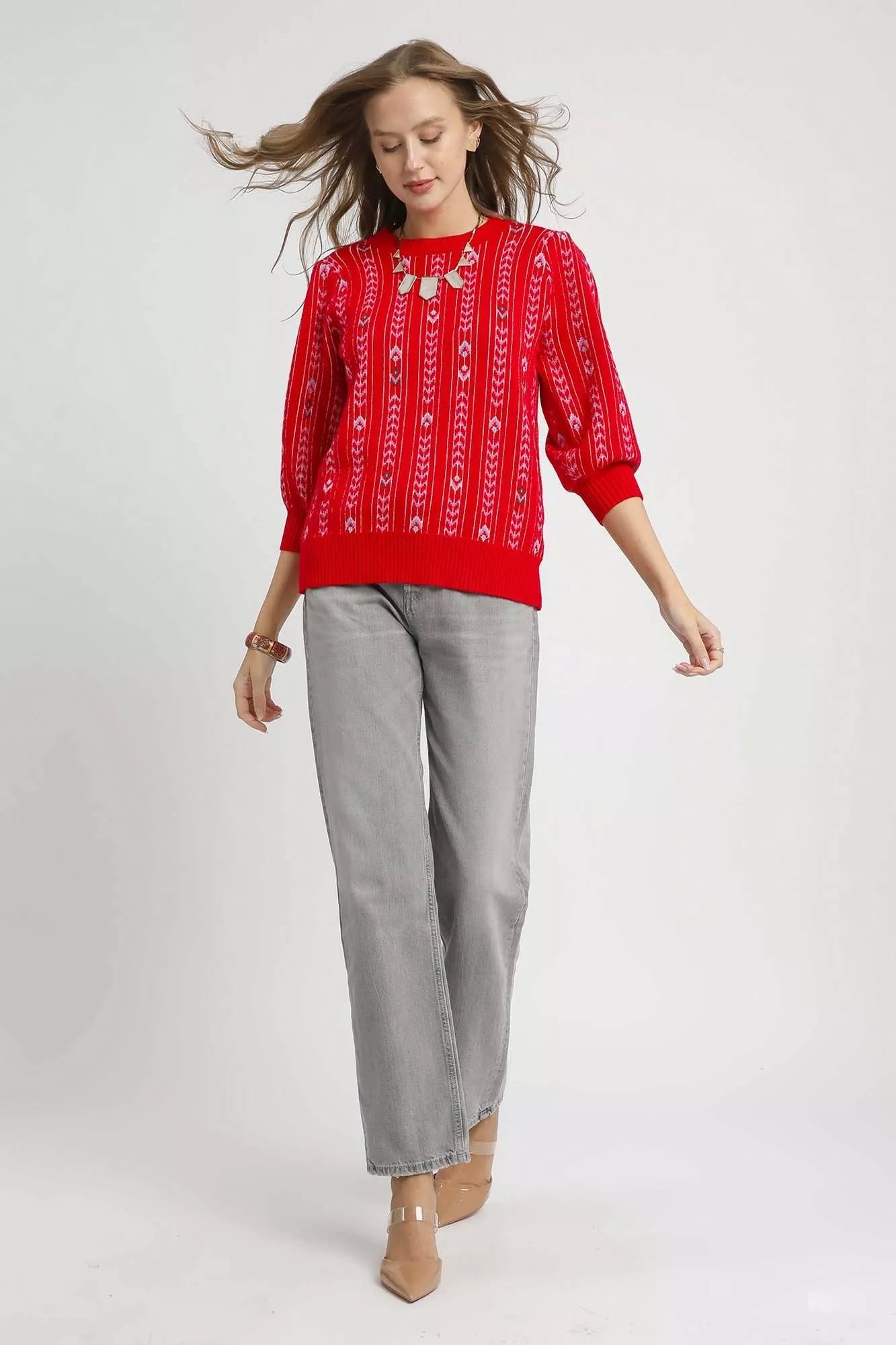 Jacquard Knit Puff Sleeve Sweater