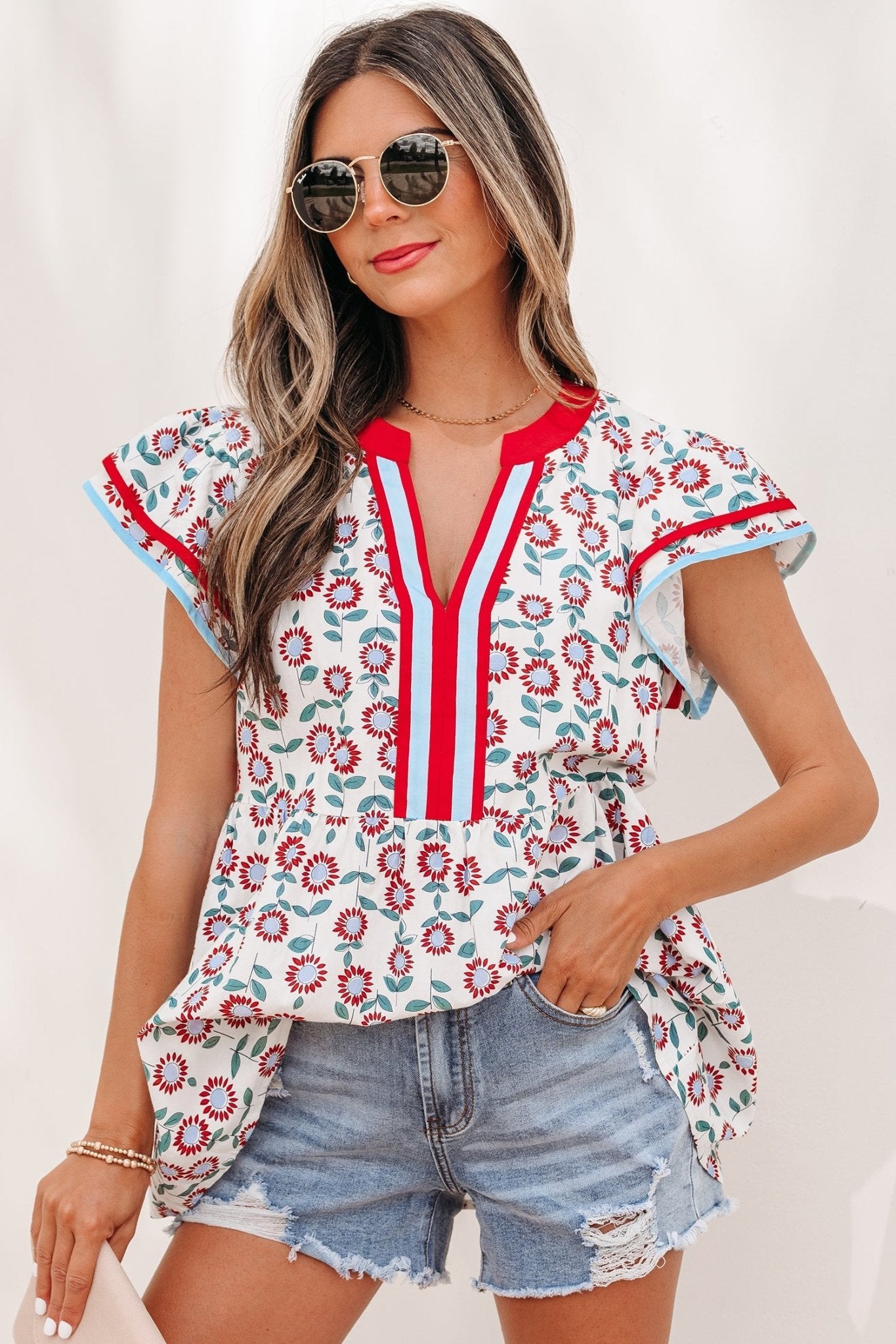 Red Sunflower Printed Contrast Trim V Neck Flutter Sleeve Blouse - Loving It Shop