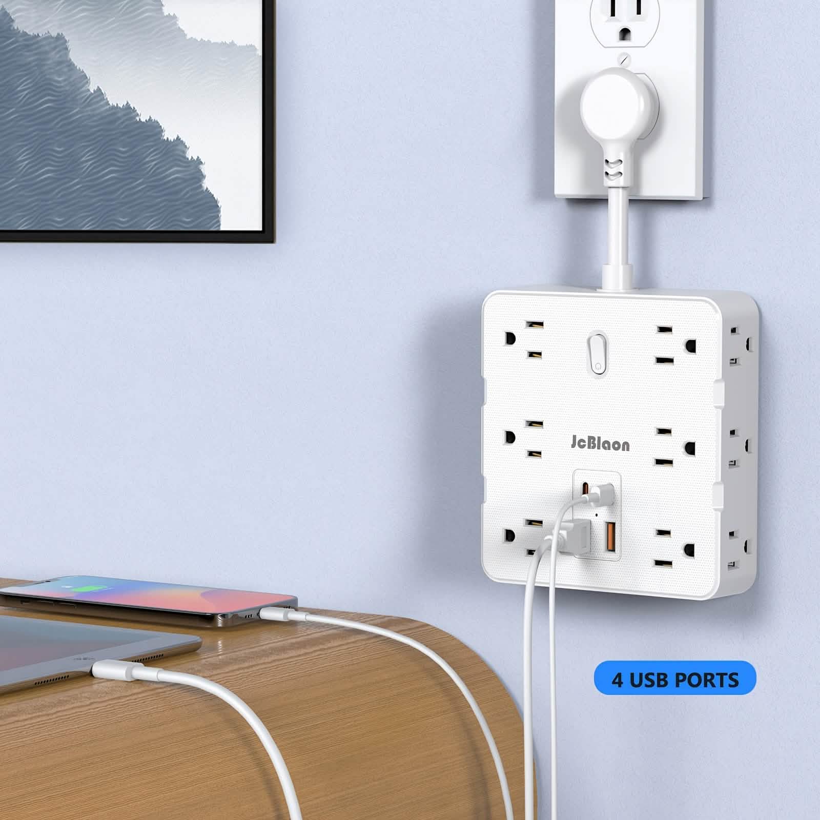16-in-1 Power Strip – 12 AC Outlets &amp; 4 USB Ports, White