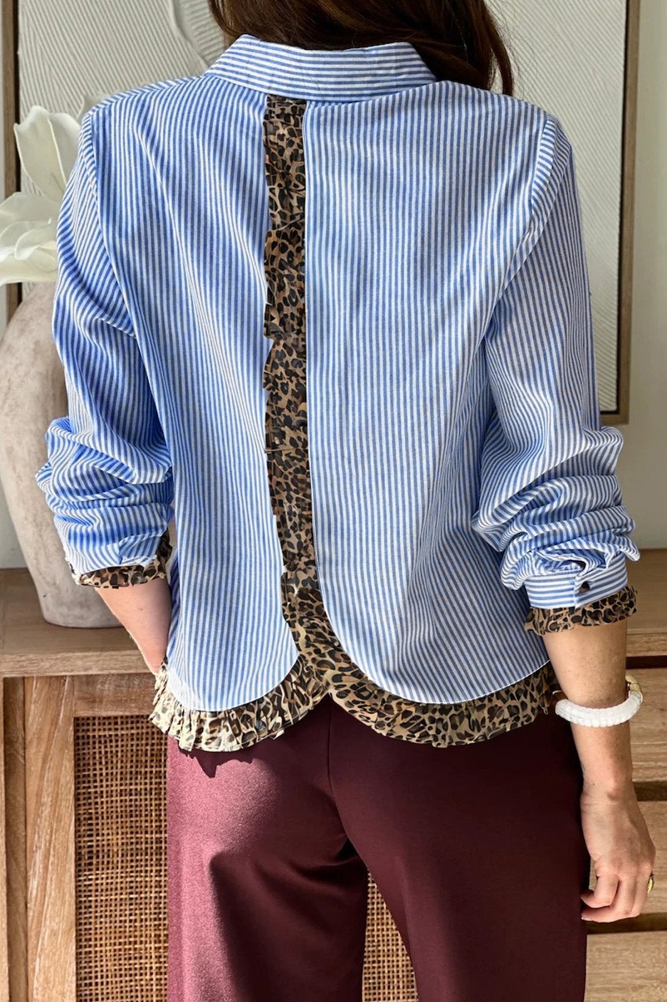 Sky Blue Stripe Contrast Frilled Leopard Trim Casual Long Sleeve Shirt - Loving It Shop