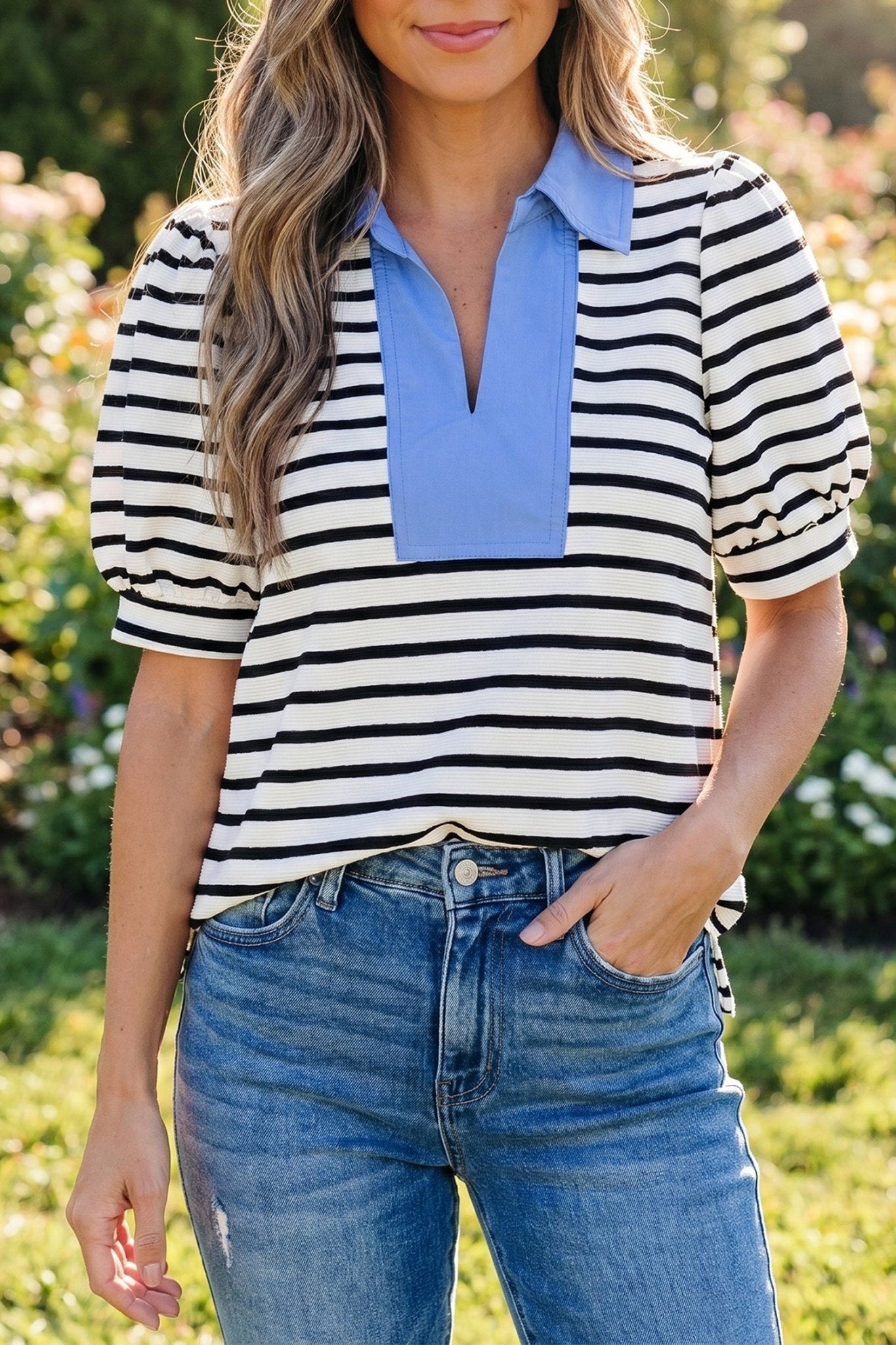 Black Stripe Short Puff Sleeve Color Block Polo Collar Blouse - Loving It Shop