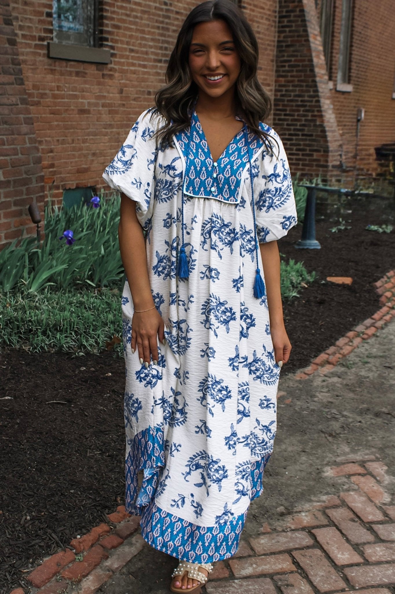 Sky Blue Boho Abstract Print Contrast Trim V Neck Tassel Tie Dress - Loving It Shop