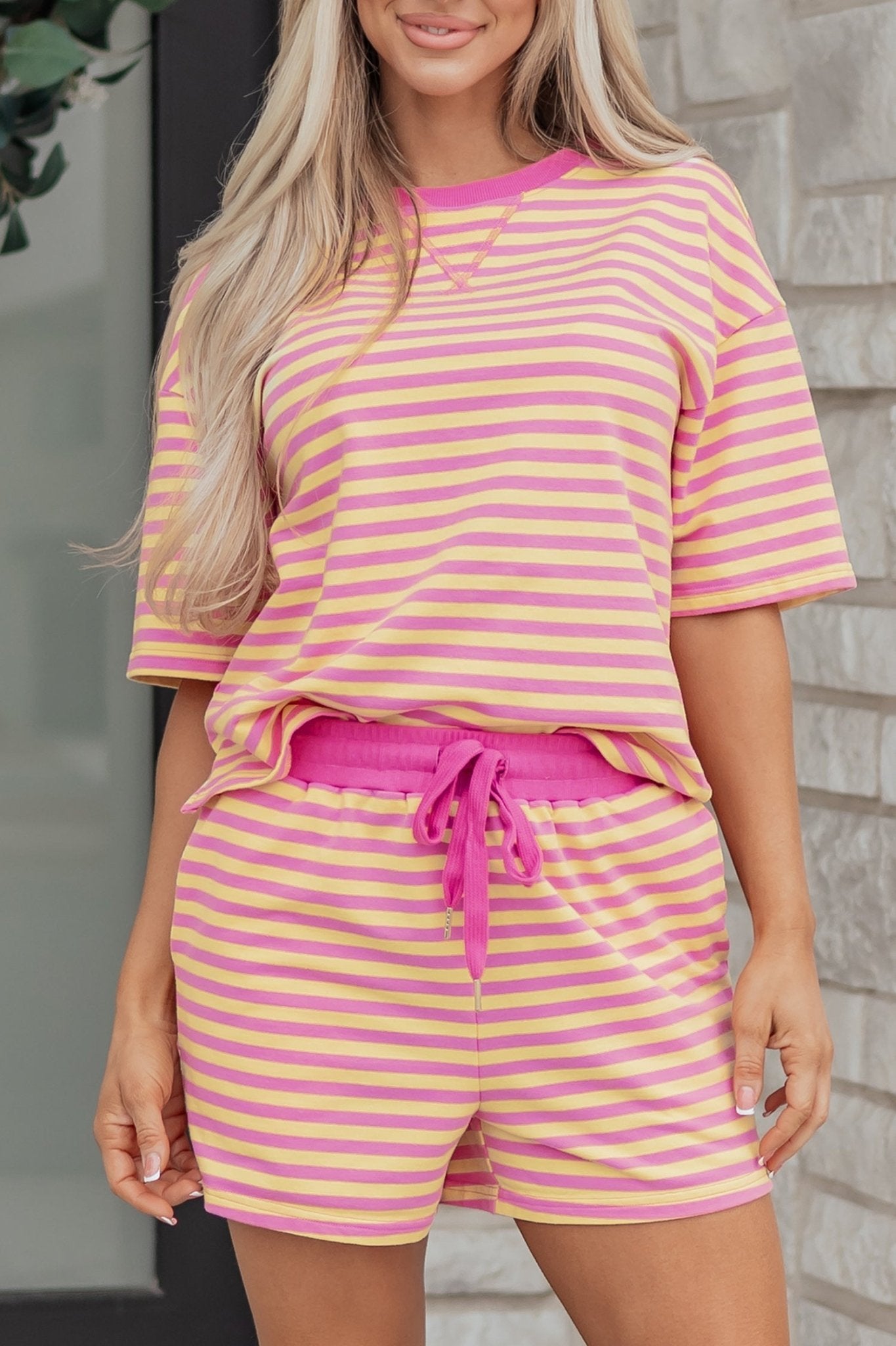 Rose Stripe Drop Shoulder Boxy Casual Terry Short Set - Loving It Shop