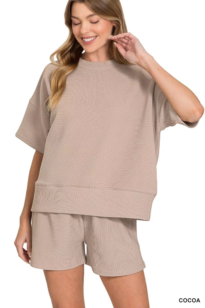 Ribbed Round Neck Waist Banded Tee & Shorts Set