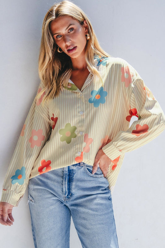 Apricot Stripe Flower Print Collared Button - up Loose Fit Shirt - Loving It Shop
