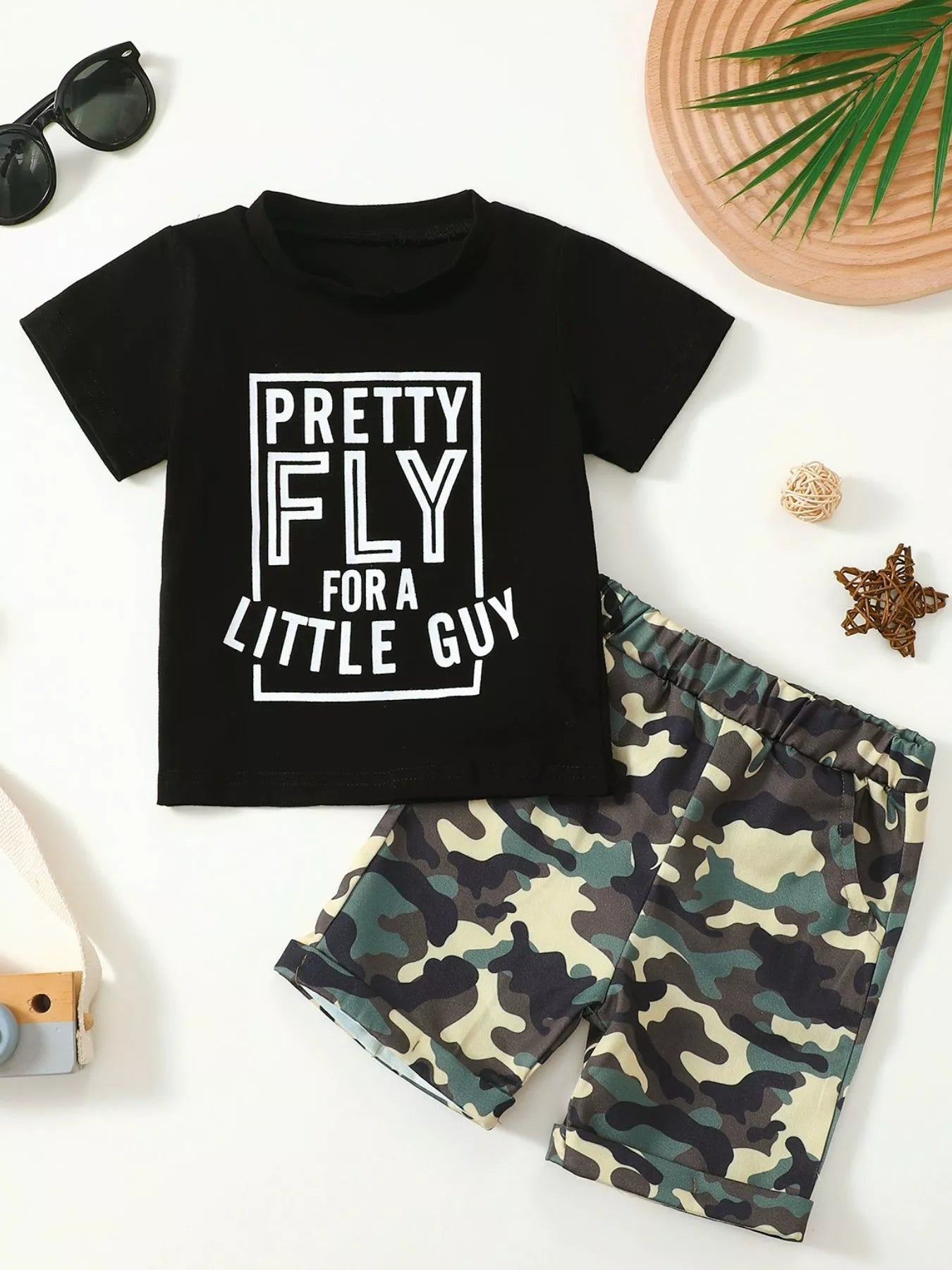 Children's Letter Graphic Tee and Camouflage Shorts Set