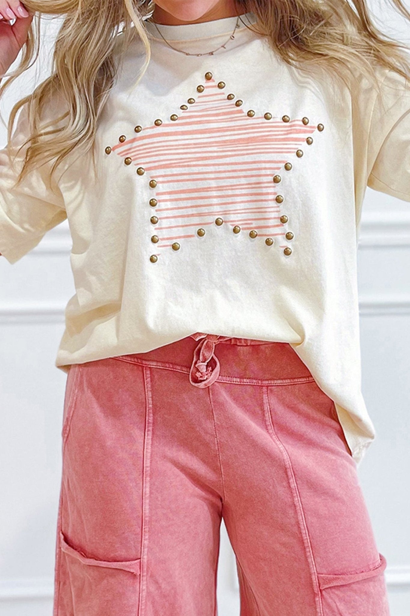 Beige Star Print Stud Detail Cotton Jersey Top - Loving It Shop