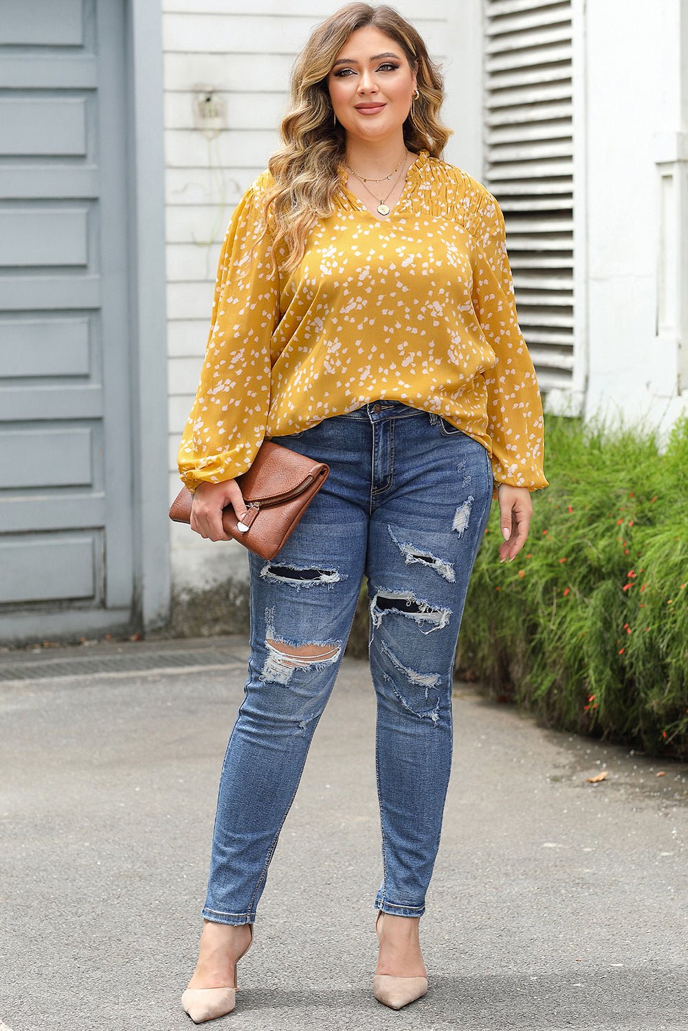 Yellow Plus Size Floral Print Ruched Split Neck Blouse - Loving It Shop