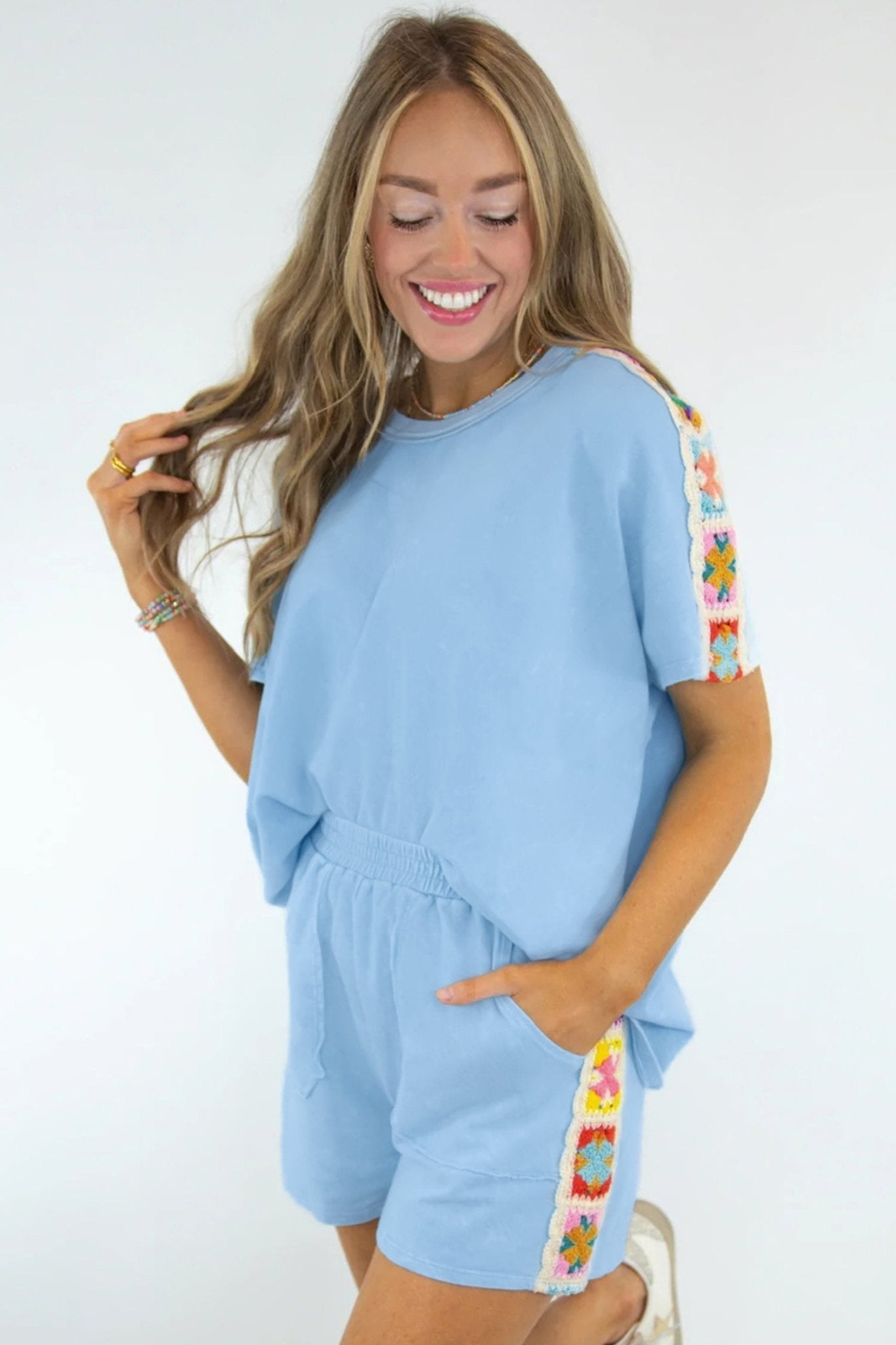Mist Blue Granny Square Crochet Detail Short 2pcs Set - Loving It Shop