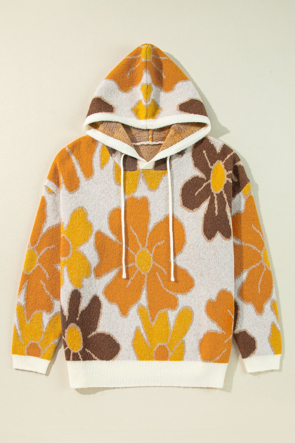 White Large Flower Knitted Drawstring Hooded Plus Size Sweater - Loving It Shop