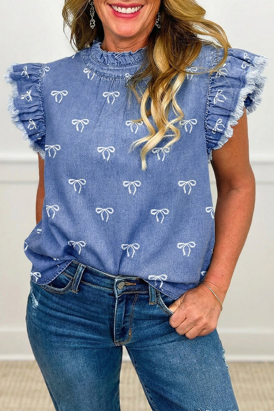 Blue Frilled Collar Flutter Sleeve Denim Top - Loving It Shop