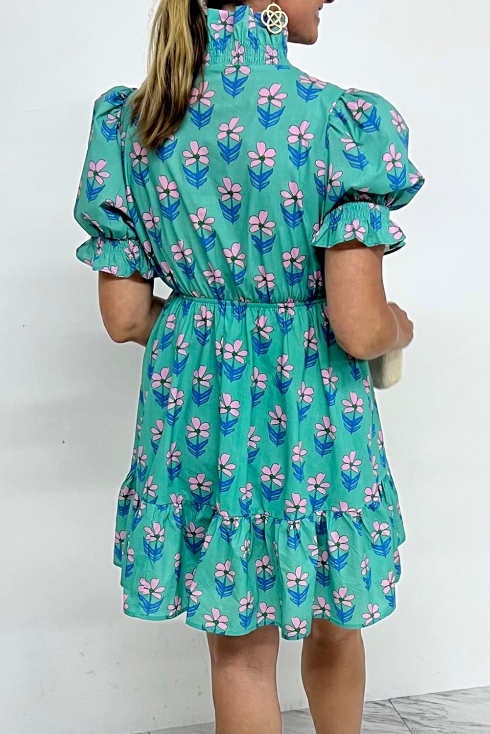 Green Floral Print Frilly Smocked Detail High Waist Mini Dress - Loving It Shop