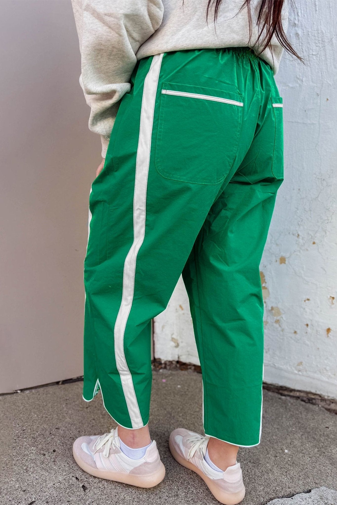 Bright Green Contrast Striped Smocked Waist Drawstring Cropped Casual Pants - Loving It Shop