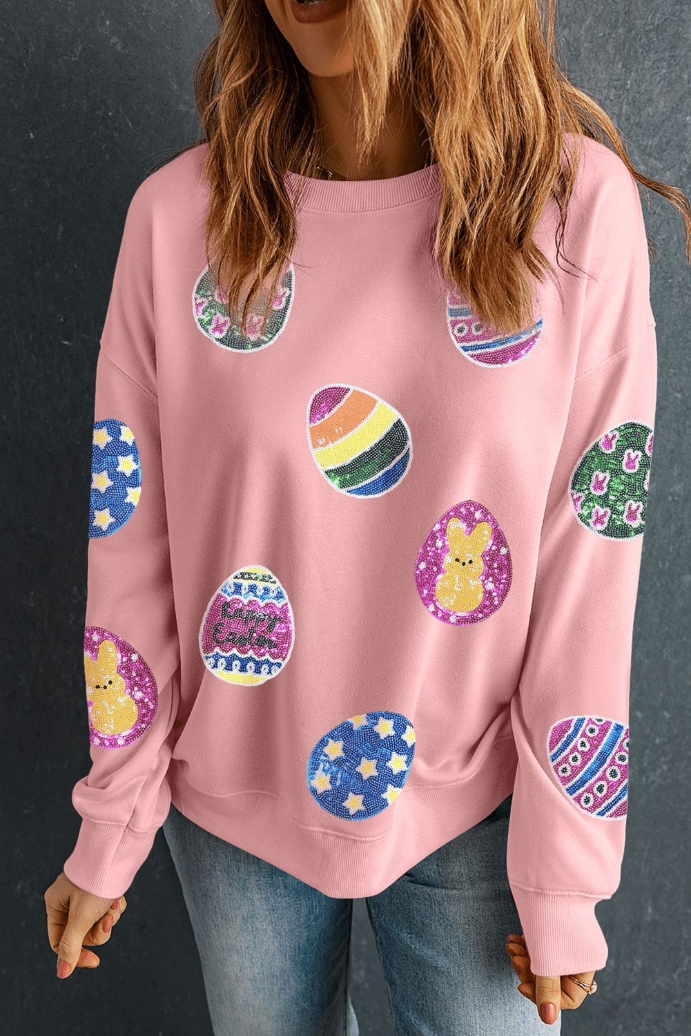 Pink Sequined Easter Egg Patched Pullover Sweatshirt - Loving It Shop