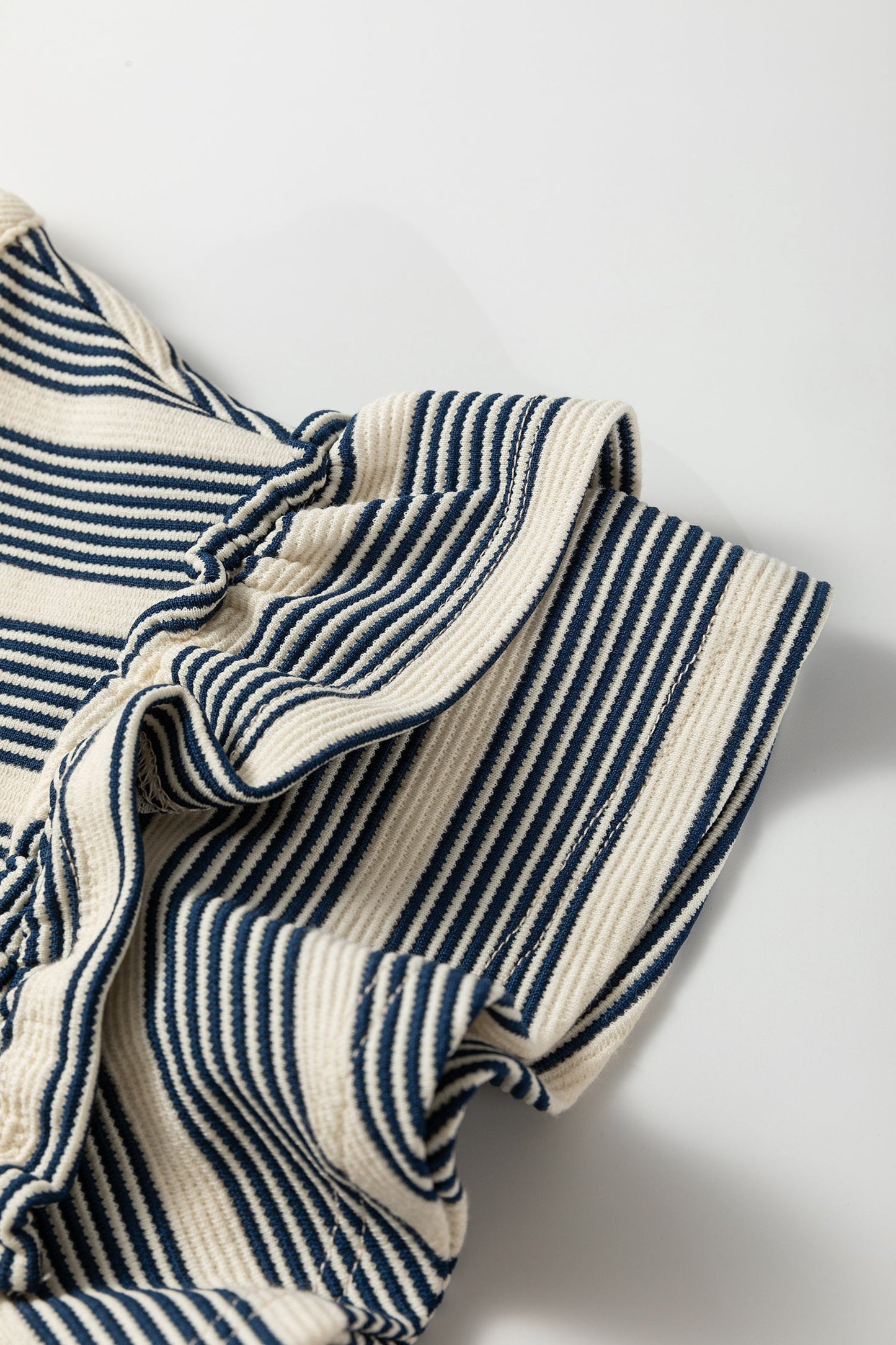 Blue Stripe Ruffled Short Sleeve Contrast Trim Button Notched Neck Midi Dress