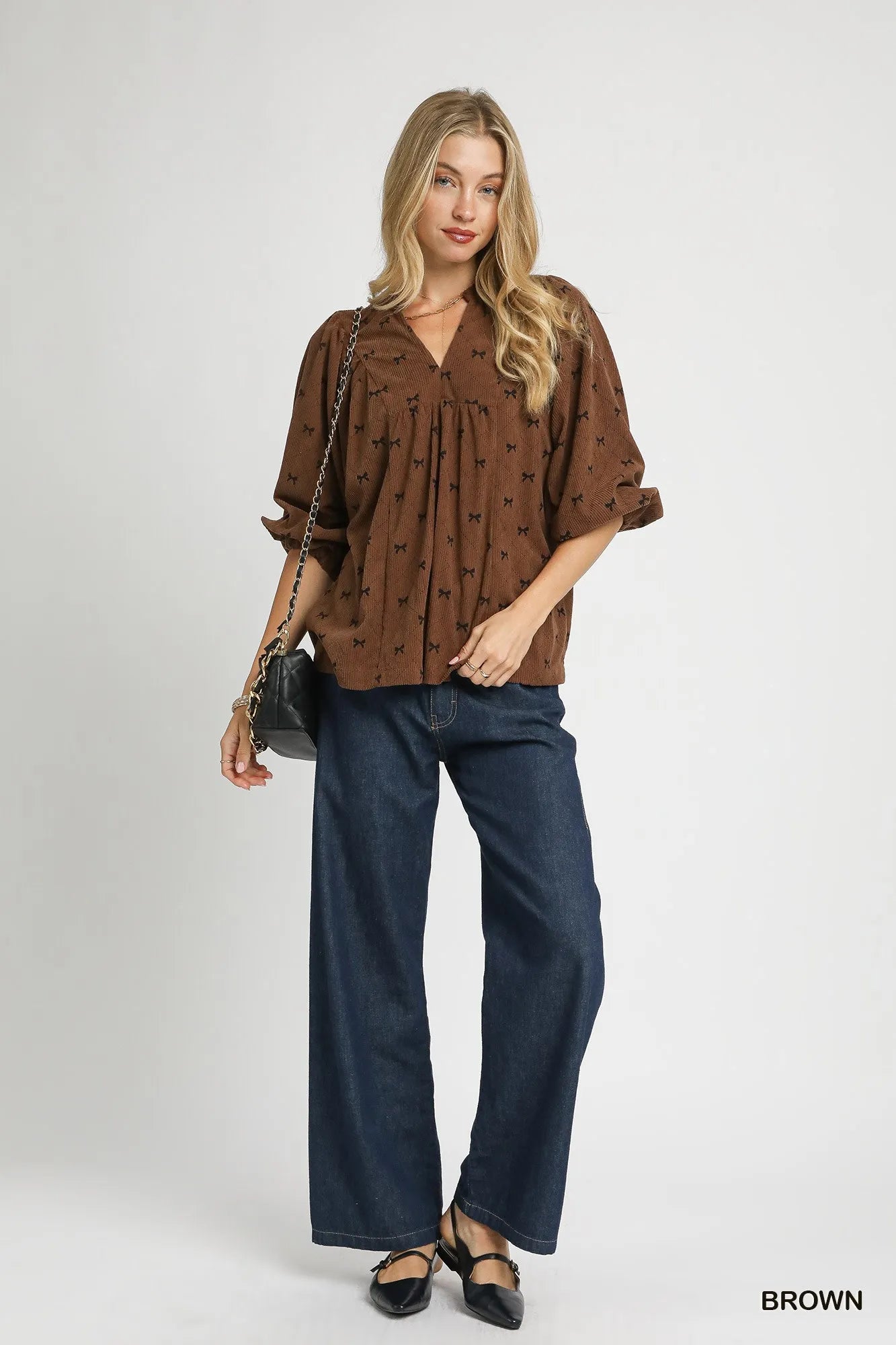 Corduroy Bow Print Balloon Sleeve Blouse