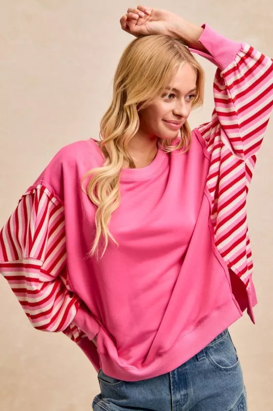 French Terry Stripe Combo Sweatshirt with Open Seam