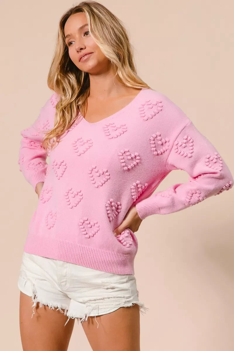 Valentines Heart Pompom V Neck Knit Top