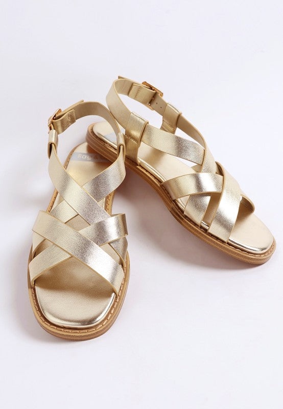 Doata Metallic Genuine Leather Buckled Flats