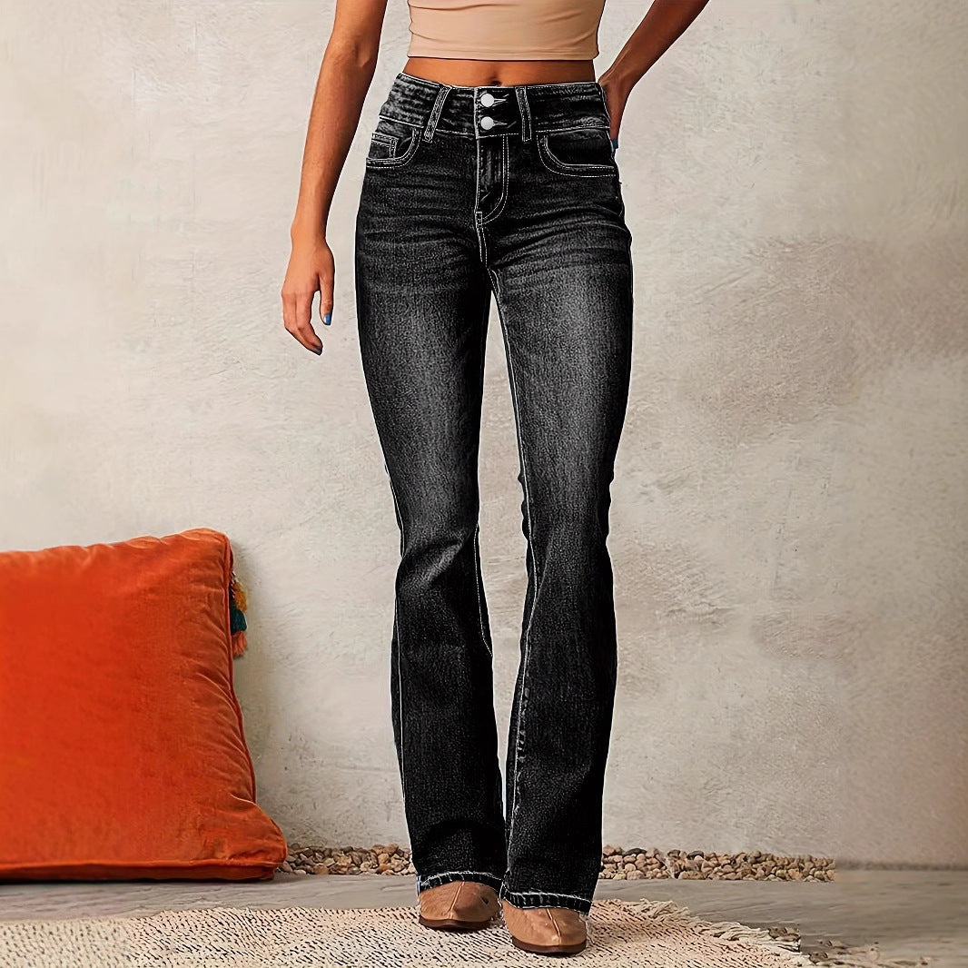 Skinny Flared Jeans With Pockets Fashion Button Zipper Trousers Women&