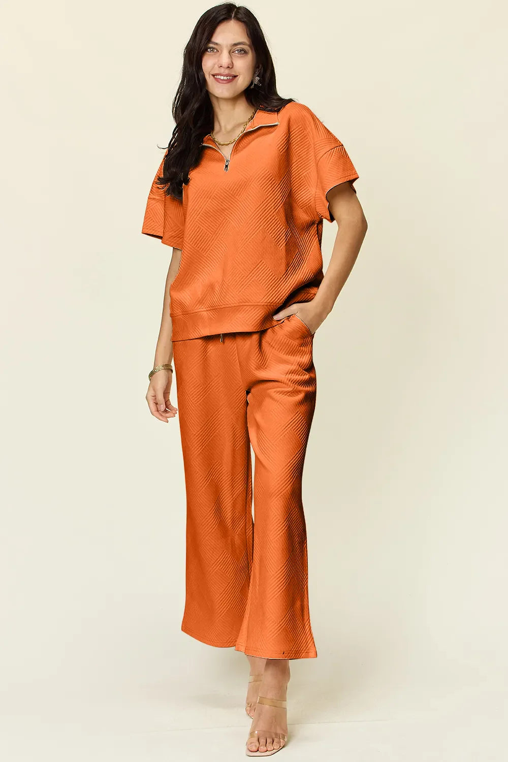 I am a Fashion Junky Full Size Texture Half Zip Short Sleeve Top and Pants Set