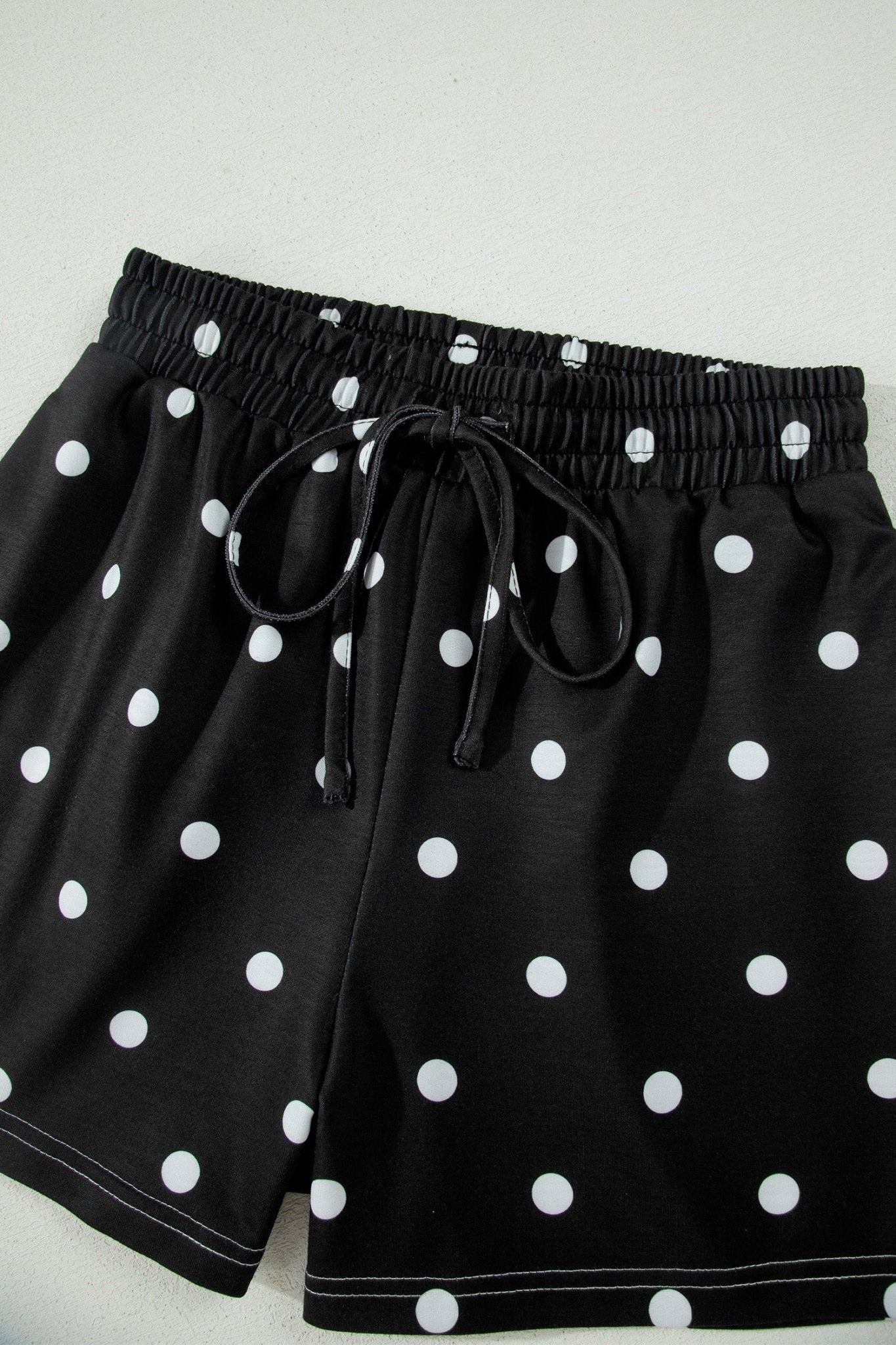 Black Exposed Seam Detail Polka Dot Loose Tee Drawstring Shorts Set - Loving It Shop