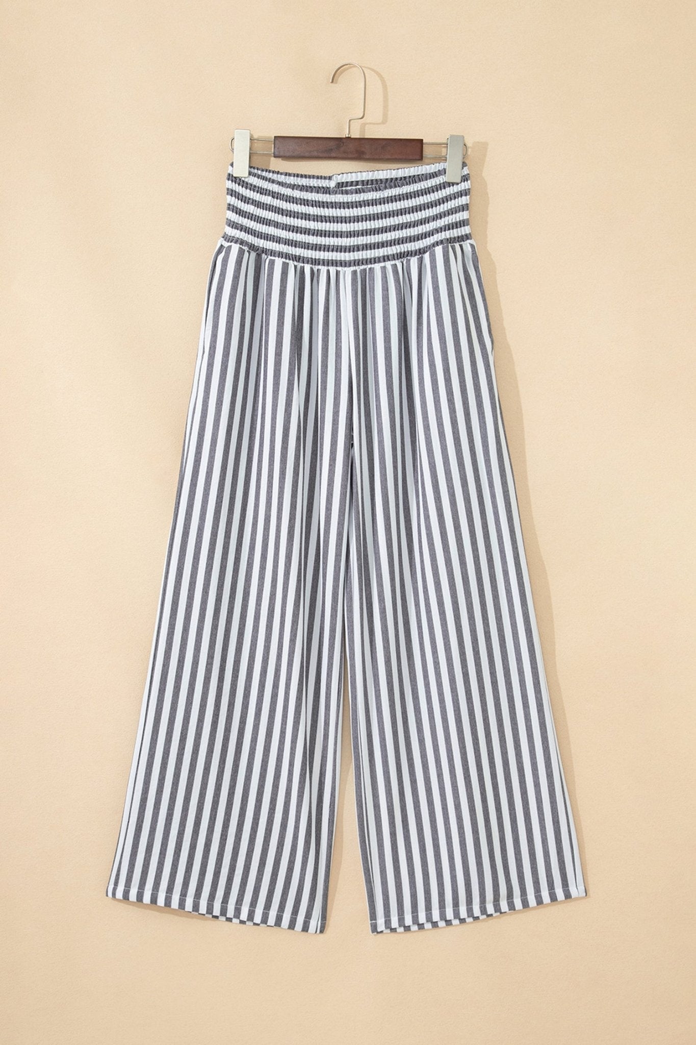 Black Stripe Shirred High Waist Loose Summer Pants - Loving It Shop