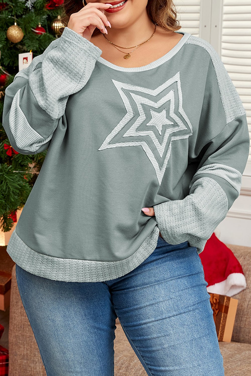 Mist Green Stars Patchwork Round Neck Plus Size T Shirt - Loving It Shop